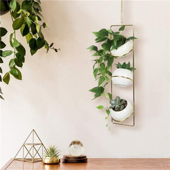 Hanging Planter for Indoor Plants, Boho Vertical Ceiling Plant Gold Metal Hanger - Picture 2 of 7
